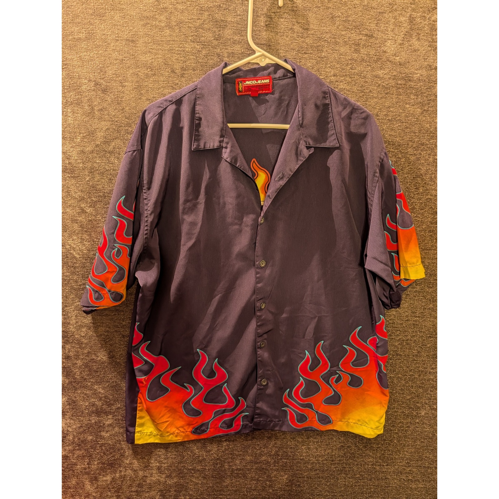 Jnco Jeans Mens Xxlarge Short Sleeve Button Up Shirt Flames 8 Ball Dice Cards